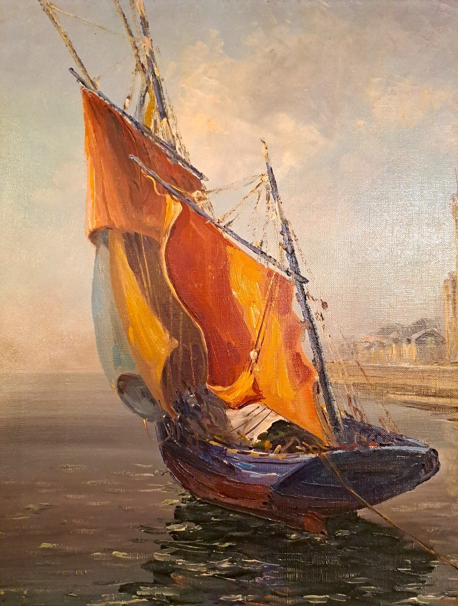 Gabriel Augizeau, Oil On Canvas "marine Des Sables d'Olonne", Mid 20th Century-photo-3