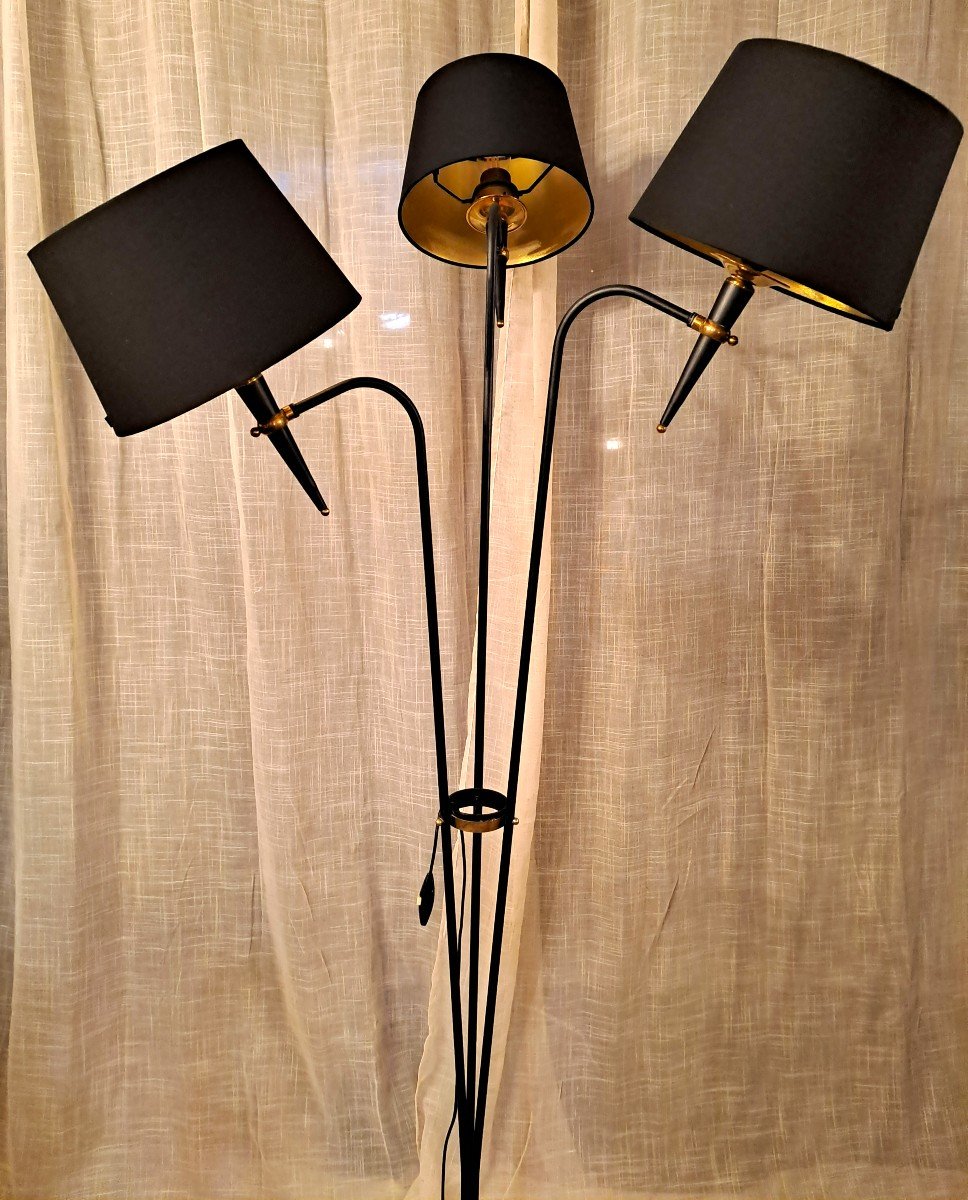 Vintage Maison Lunel Floor Lamp, In Metal And Gilded Brass, With Three Light Arms, Mid-20th-photo-1