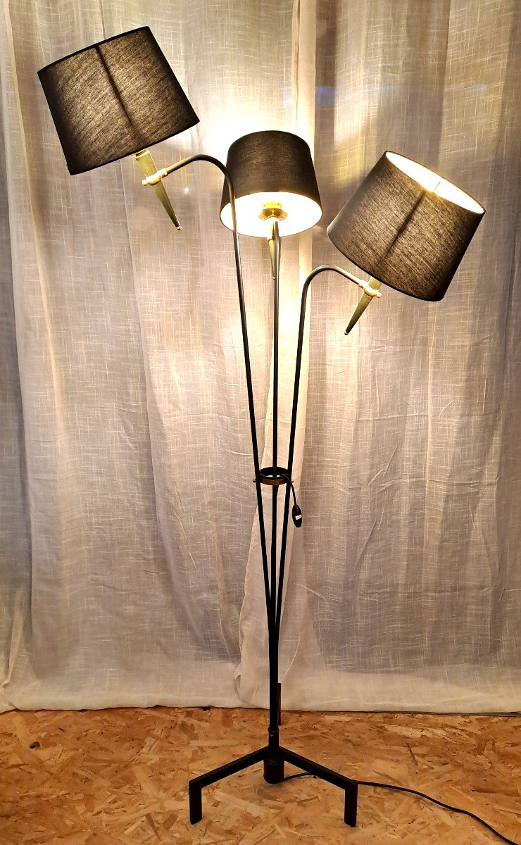 Vintage Maison Lunel Floor Lamp, In Metal And Gilded Brass, With Three Light Arms, Mid-20th-photo-3