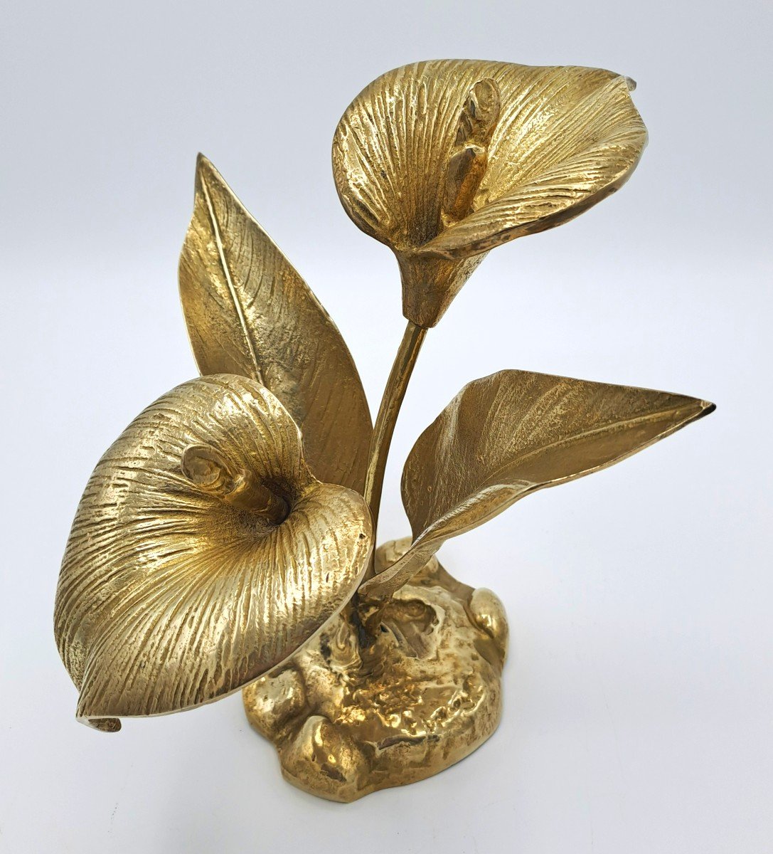 Bouquet Of Arum Flowers In Brass, Vintage Design Sculpture Second Half 20th Century-photo-3