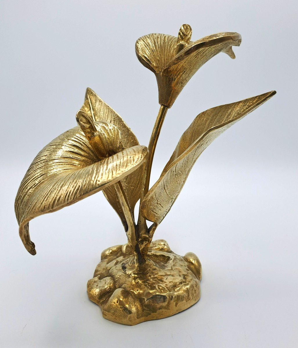 Bouquet Of Arum Flowers In Brass, Vintage Design Sculpture Second Half 20th Century-photo-2