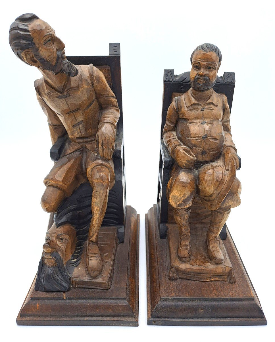 Pair Of Don Quixote And Sancho Panza Bookends In Carved Wood, Mid 20th Century-photo-3