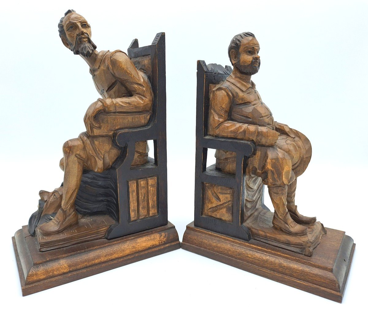 Pair Of Don Quixote And Sancho Panza Bookends In Carved Wood, Mid 20th Century-photo-2