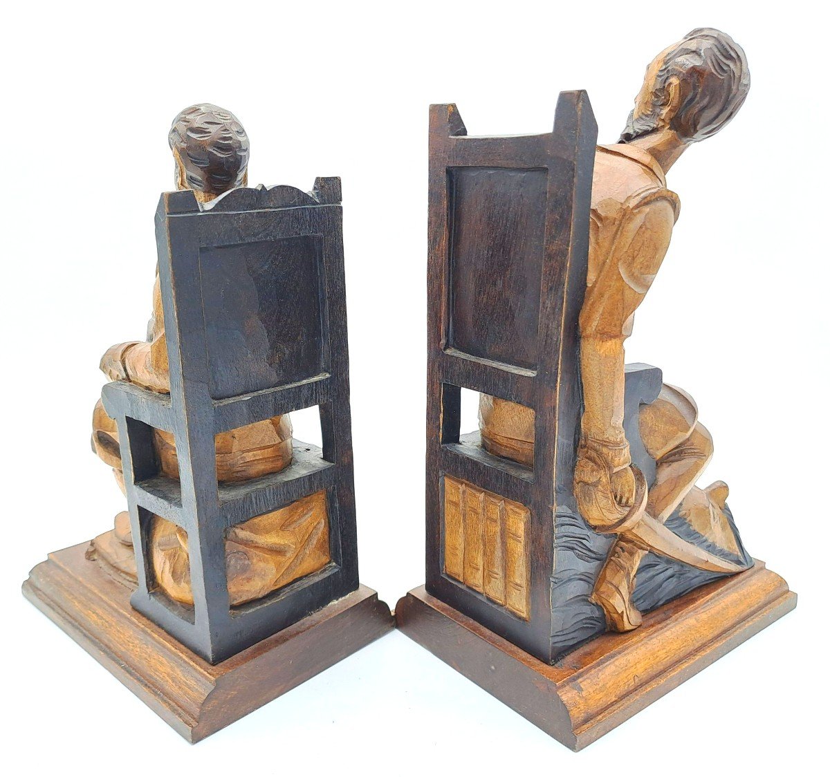 Pair Of Don Quixote And Sancho Panza Bookends In Carved Wood, Mid 20th Century-photo-2