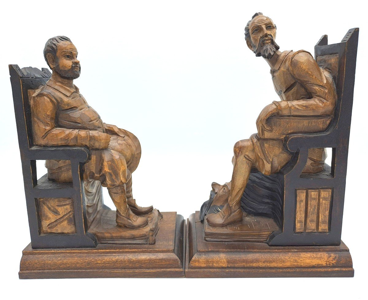 Pair Of Don Quixote And Sancho Panza Bookends In Carved Wood, Mid 20th Century-photo-4