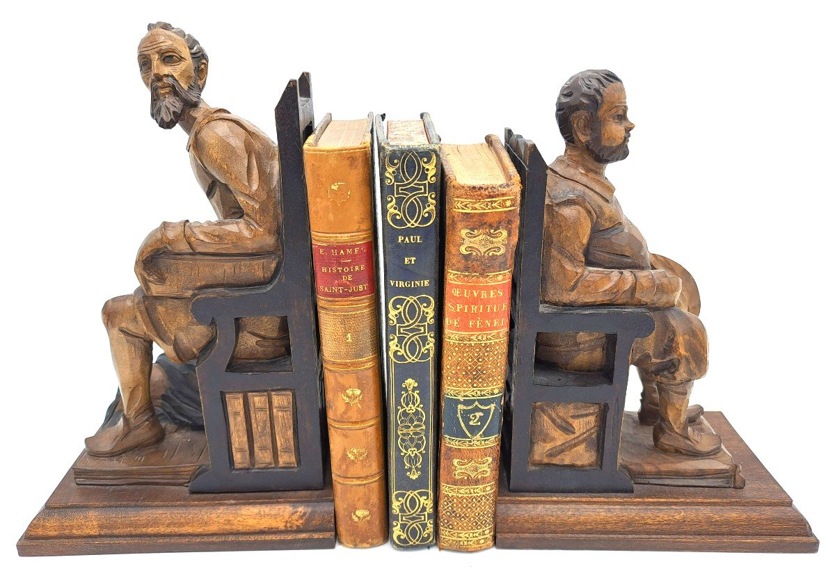 Pair Of Don Quixote And Sancho Panza Bookends In Carved Wood, Mid 20th Century