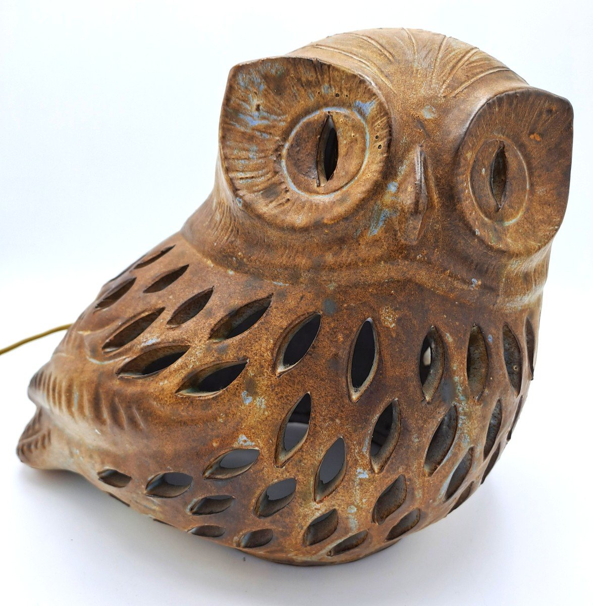 Agnès Escala, Vintage Ceramic Owl Mounted As A Lamp, Vallauris, Second Half Of The 20th Century-photo-2