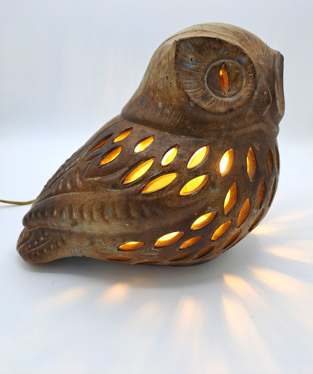 Agnès Escala, Vintage Ceramic Owl Mounted As A Lamp, Vallauris, Second Half Of The 20th Century-photo-4