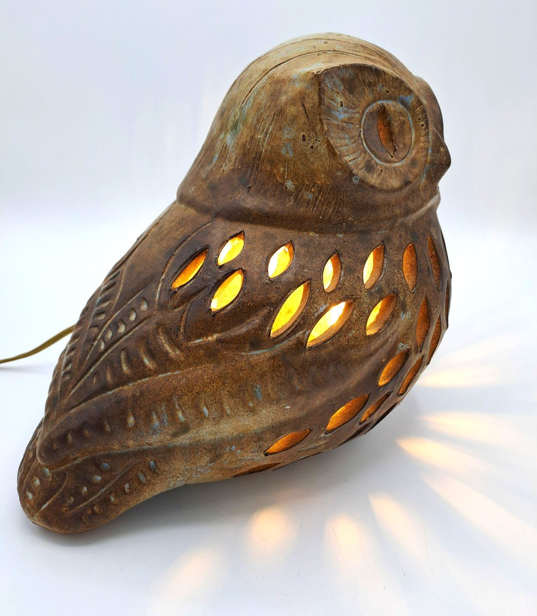 Agnès Escala, Vintage Ceramic Owl Mounted As A Lamp, Vallauris, Second Half Of The 20th Century-photo-2