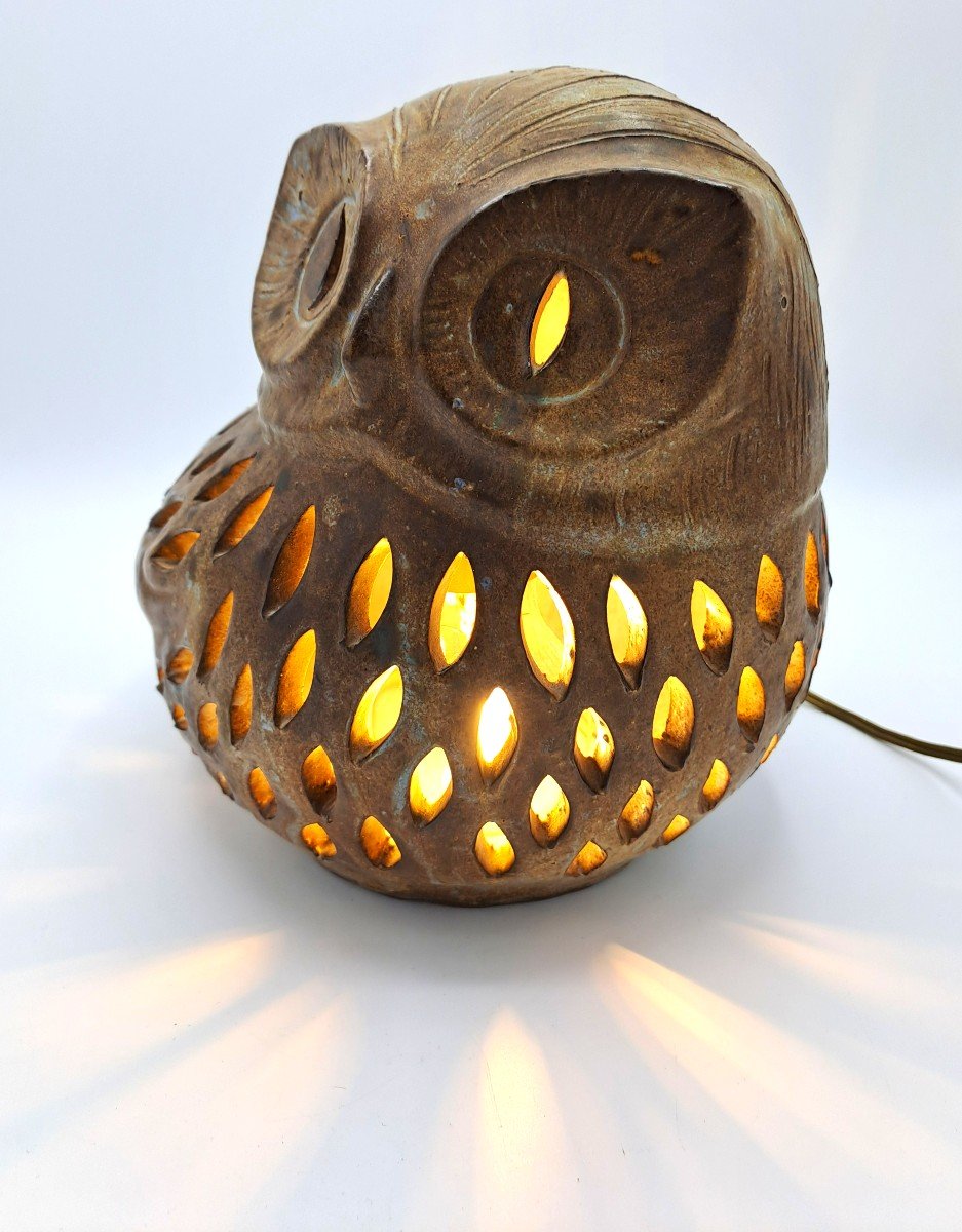 Agnès Escala, Vintage Ceramic Owl Mounted As A Lamp, Vallauris, Second Half Of The 20th Century-photo-6