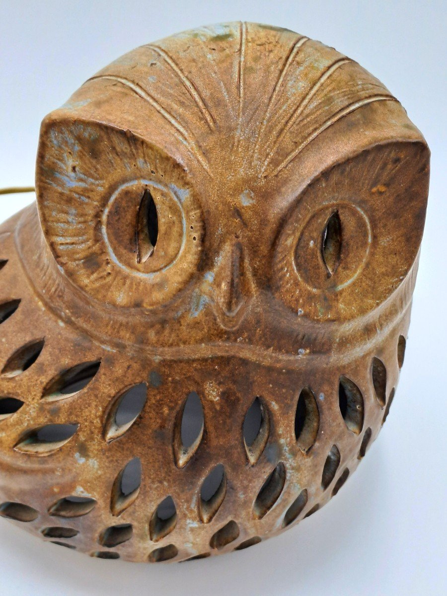 Agnès Escala, Vintage Ceramic Owl Mounted As A Lamp, Vallauris, Second Half Of The 20th Century-photo-7