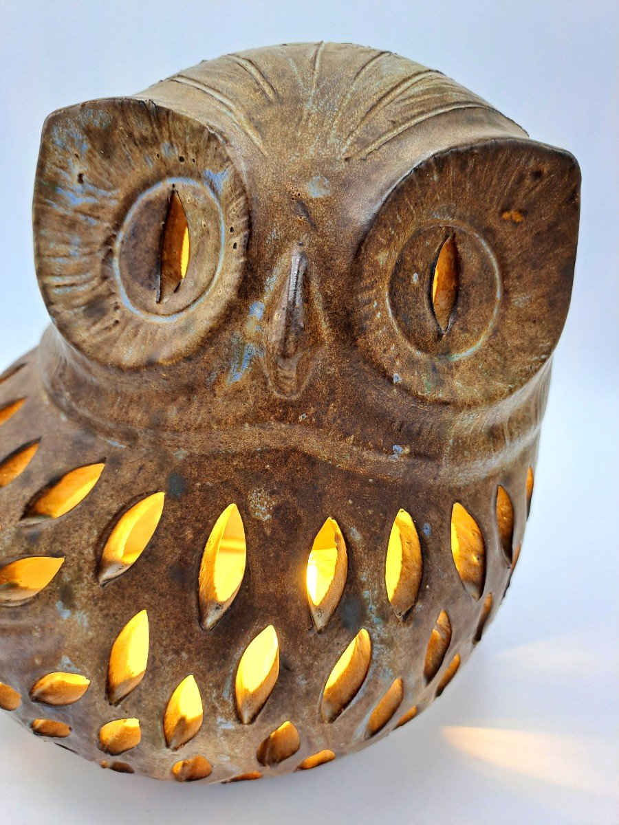 Agnès Escala, Vintage Ceramic Owl Mounted As A Lamp, Vallauris, Second Half Of The 20th Century-photo-8