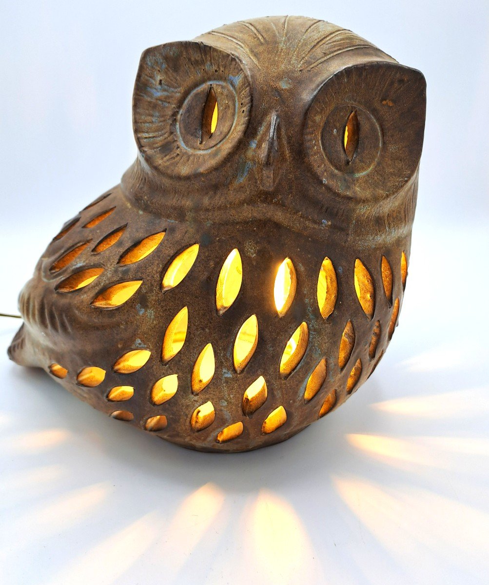 Agnès Escala, Vintage Ceramic Owl Mounted As A Lamp, Vallauris, Second Half Of The 20th Century