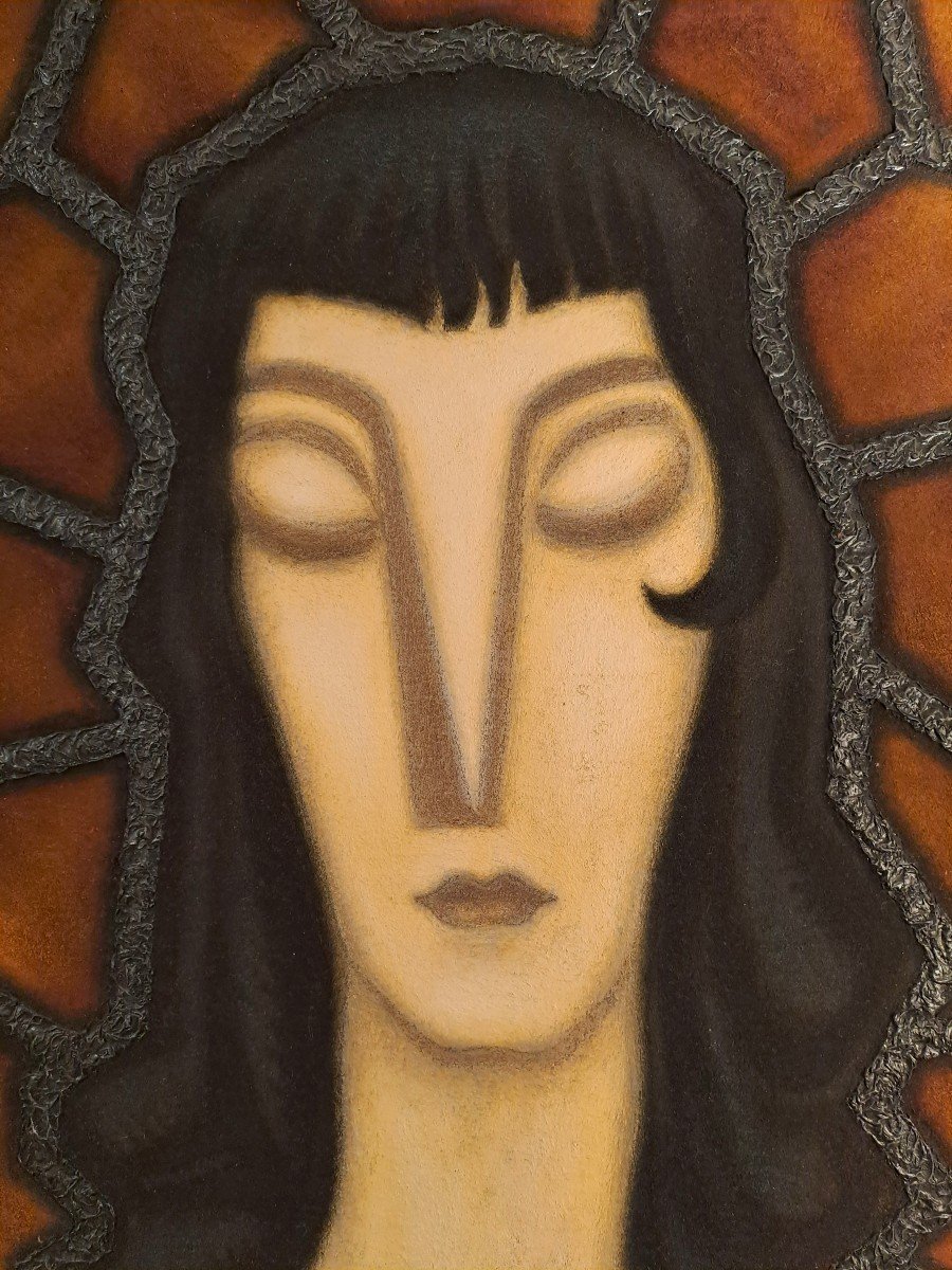 Miauch, Portrait de Femme Style Cubiste, Technique Mixte Sur Toile, XXème Siècle-photo-2