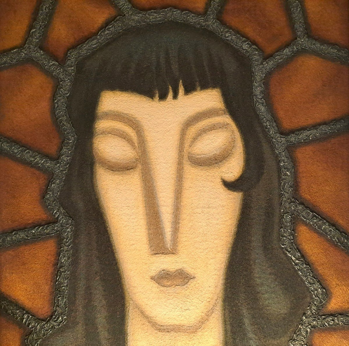 Miauch, Portrait de Femme Style Cubiste, Technique Mixte Sur Toile, XXème Siècle-photo-3