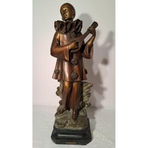 Adolfo Cipriani, Serenade, Pierrot Sculpture With Mandolin