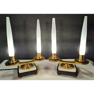 Pair Of Electrified Art Deco Candelabras In The Style Of Atelier Petitot, In Marble, Onyx, Brass, Opalescent Glass Candles