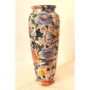 Large Gien Earthenware Vase, Mauves Peonies Decor, XIXth Century