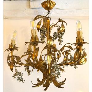 Hans Kögl Chandelier With 6 Arms Of Lights, Decor With Lily Of The Valley Bells, Hollywood Regency, 20th Century