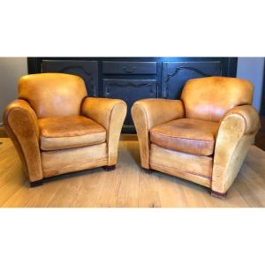 Paire de Fauteuils Club en Cuir Couleur Cognac, Années 1930-40