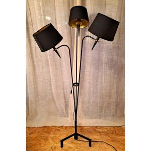 Vintage Maison Lunel Floor Lamp, In Metal And Gilded Brass, With Three Light Arms, Mid-20th