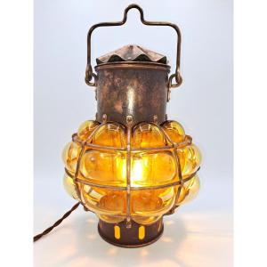 Lampe de Marine en Cuivre et Verre Soufflé, Début XXème Siècle