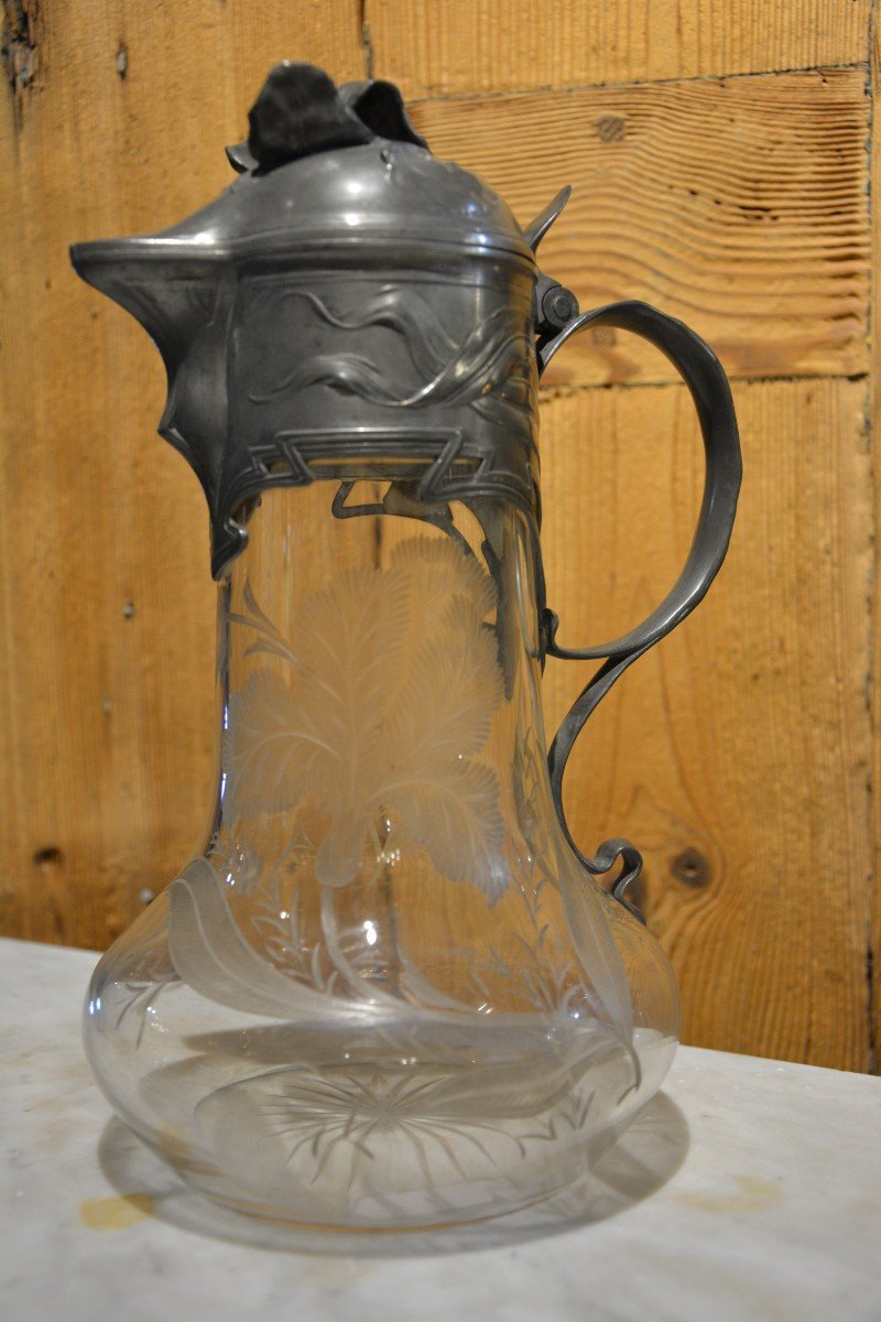 Ewer In Crystal And Pewter, Art Nouveau.