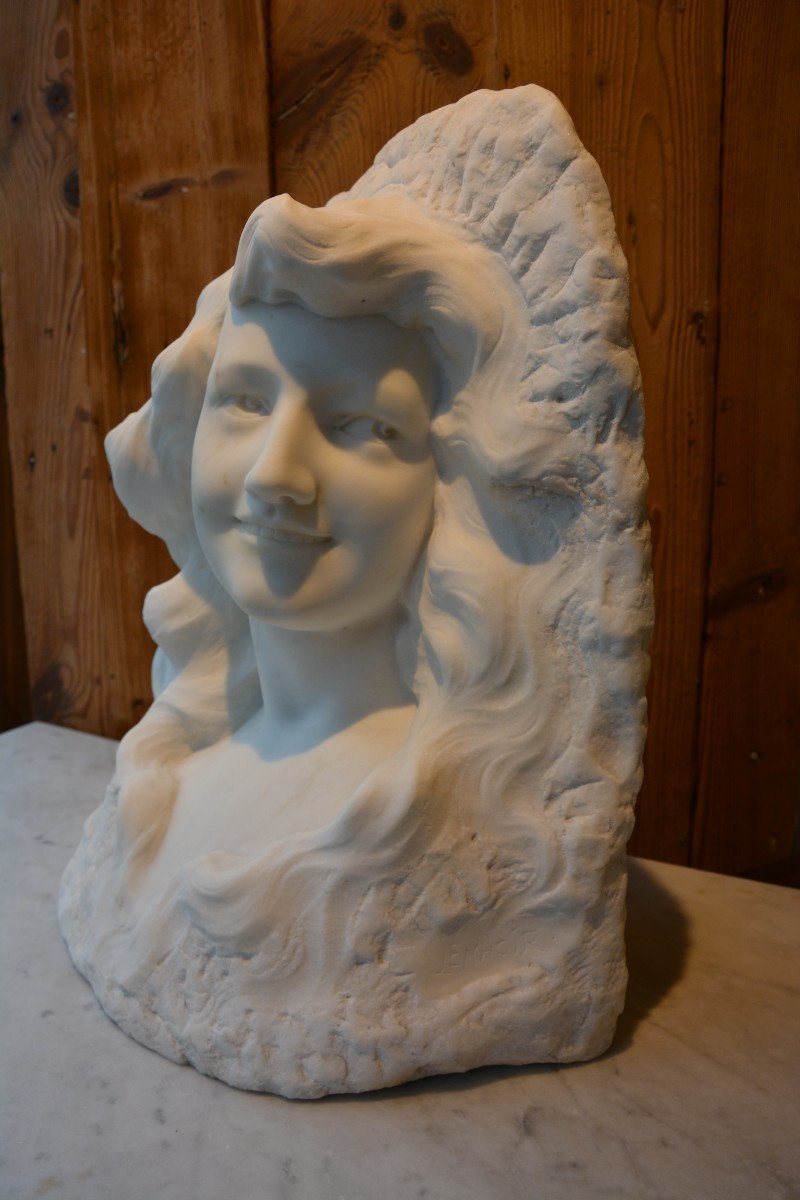 Marble Bust Of Young Woman Signed Etienne Lenhoir-photo-3