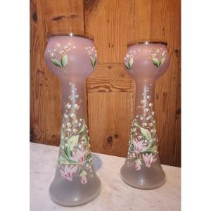 Pair Of Enameled Glass Vases With Lily Of The Valley Decor, Attributed To Legras.