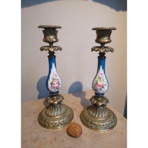 Pair Of Napoleon III Candlesticks, Bronze And Porcelain From Paris