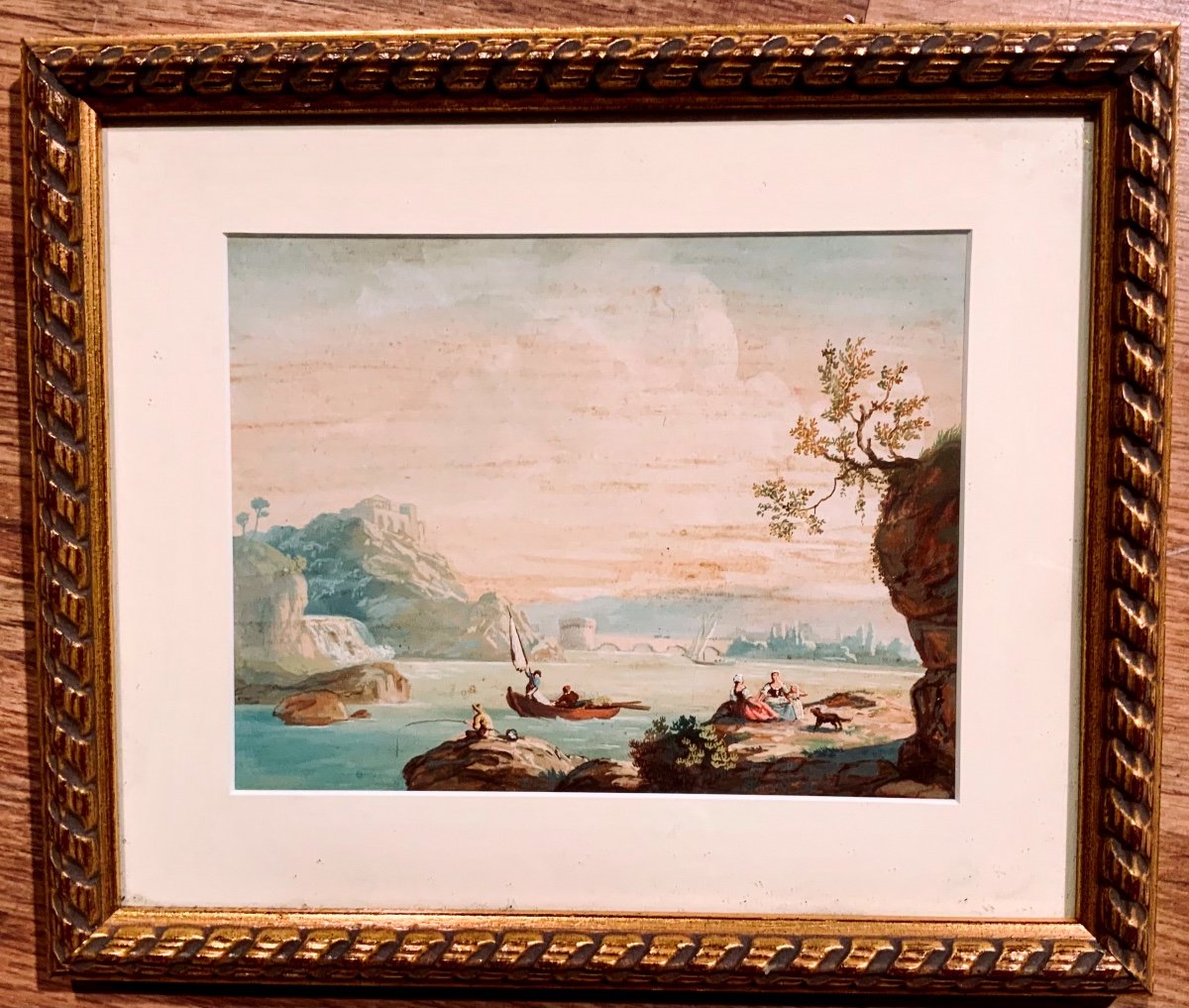 Aquarelle Gouachée Circa 1800 Représentant Un Paysage De Mer Animé-photo-2