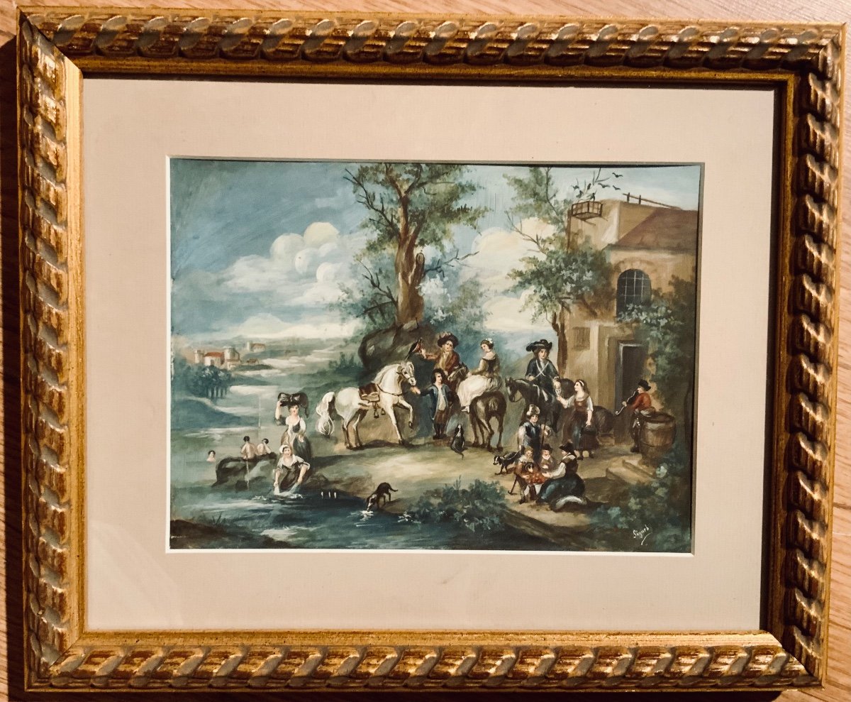 Aquarelle Gouachée Italienne Circa 1800 « Bord de rivière animé »-photo-2