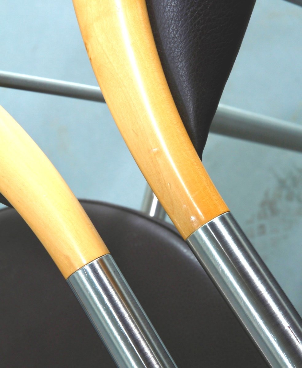 Série De 6 Fauteuils Danois en Inox, et bois, assises en cuir marron foncé Des Années 1990-photo-4