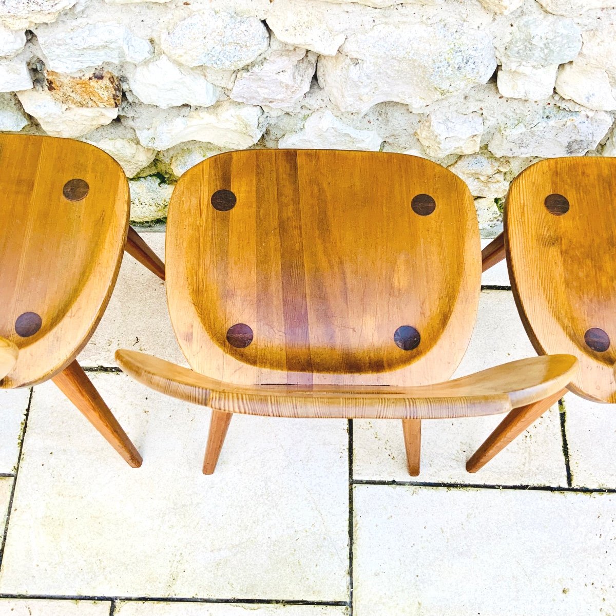 Series Of 4 Scandinavian Chairs 1950/60 By Carl Malmsten In Solid Pine, For Svensk…-photo-3