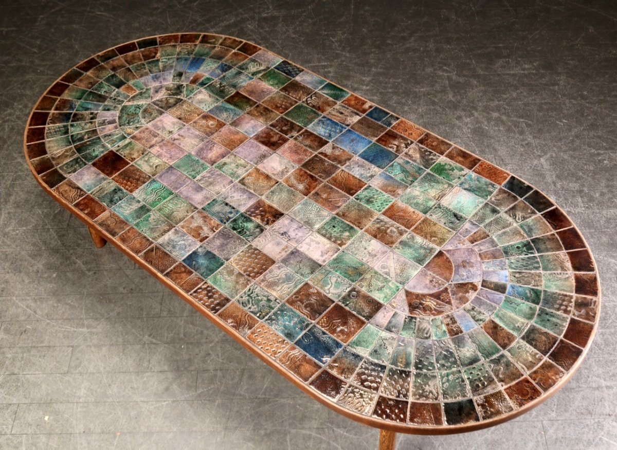 "rare Large Coffee Table In Engraved Earthenware Tiles In Various Colors."-photo-2