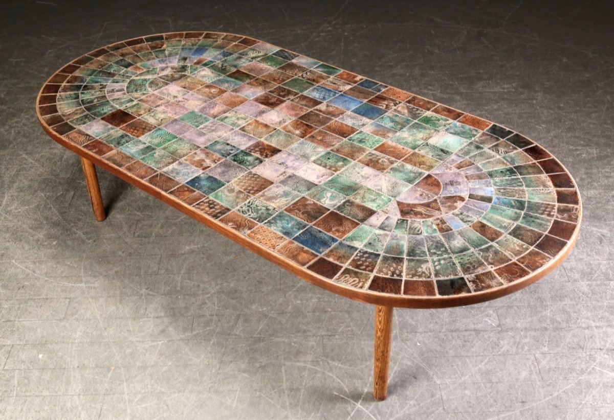 "rare Large Coffee Table In Engraved Earthenware Tiles In Various Colors."