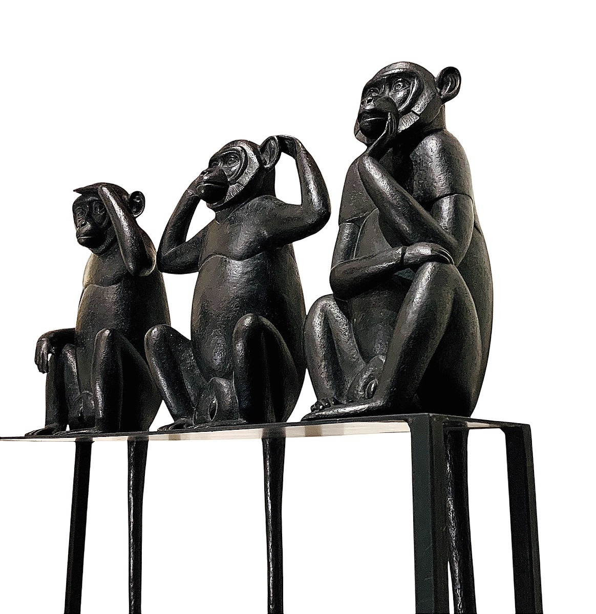 Trio Of Monkeys "colobus Of Unwisdom" Bronze Sculptures By Florence Jacquesson -photo-3