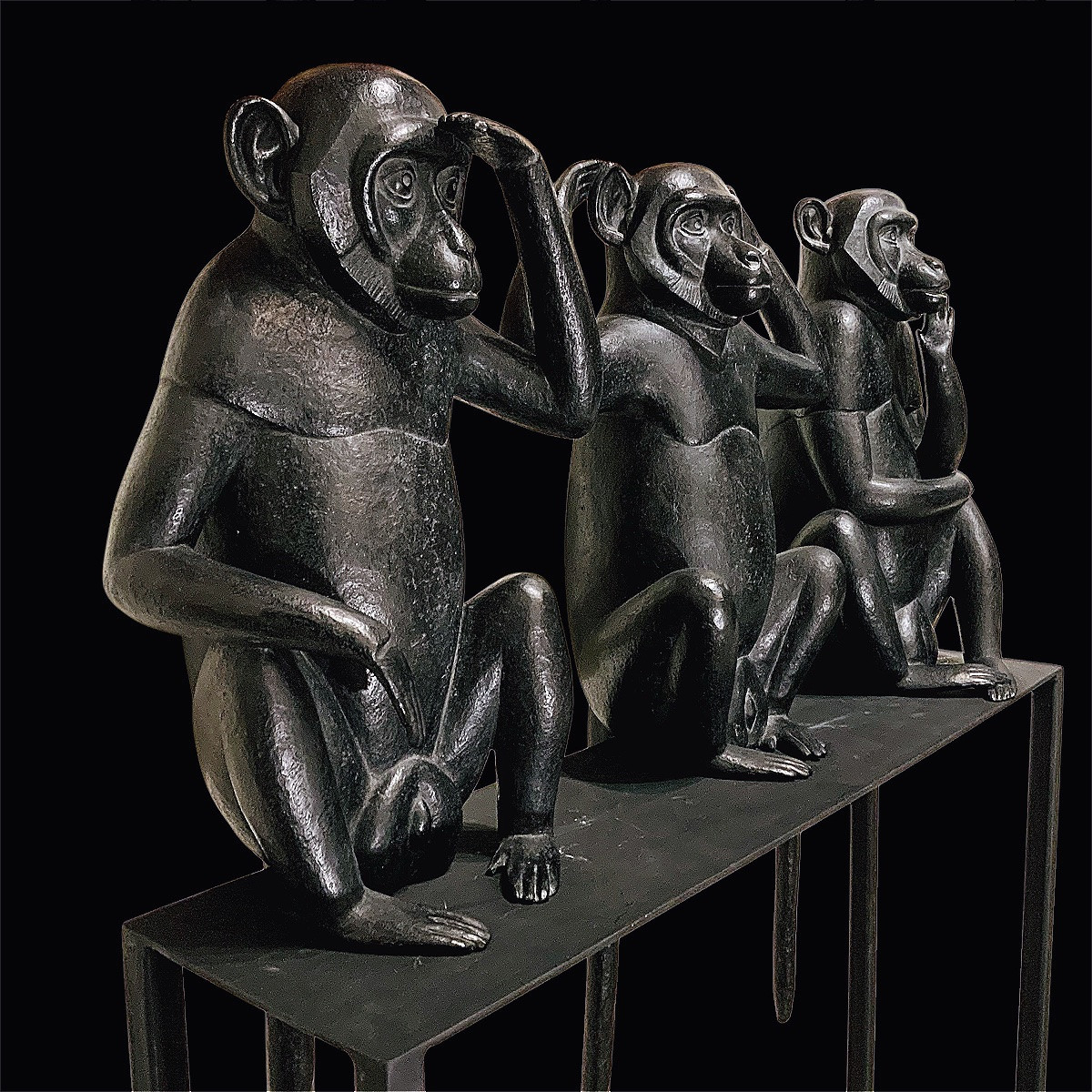 Trio Of Monkeys "colobus Of Unwisdom" Bronze Sculptures By Florence Jacquesson -photo-2