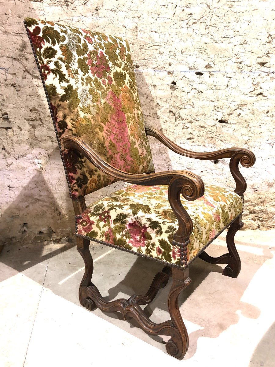 A Louis XIV Style Armchair In Massi Walnut And Tapestry