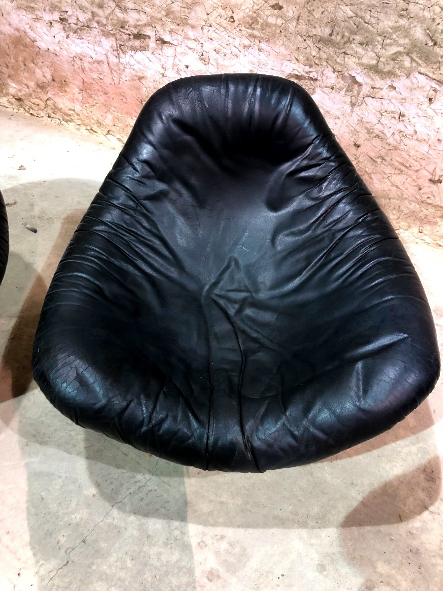 Paire De Gros Fauteuils Italiens En Cuir Et Fibre De Verre-photo-3