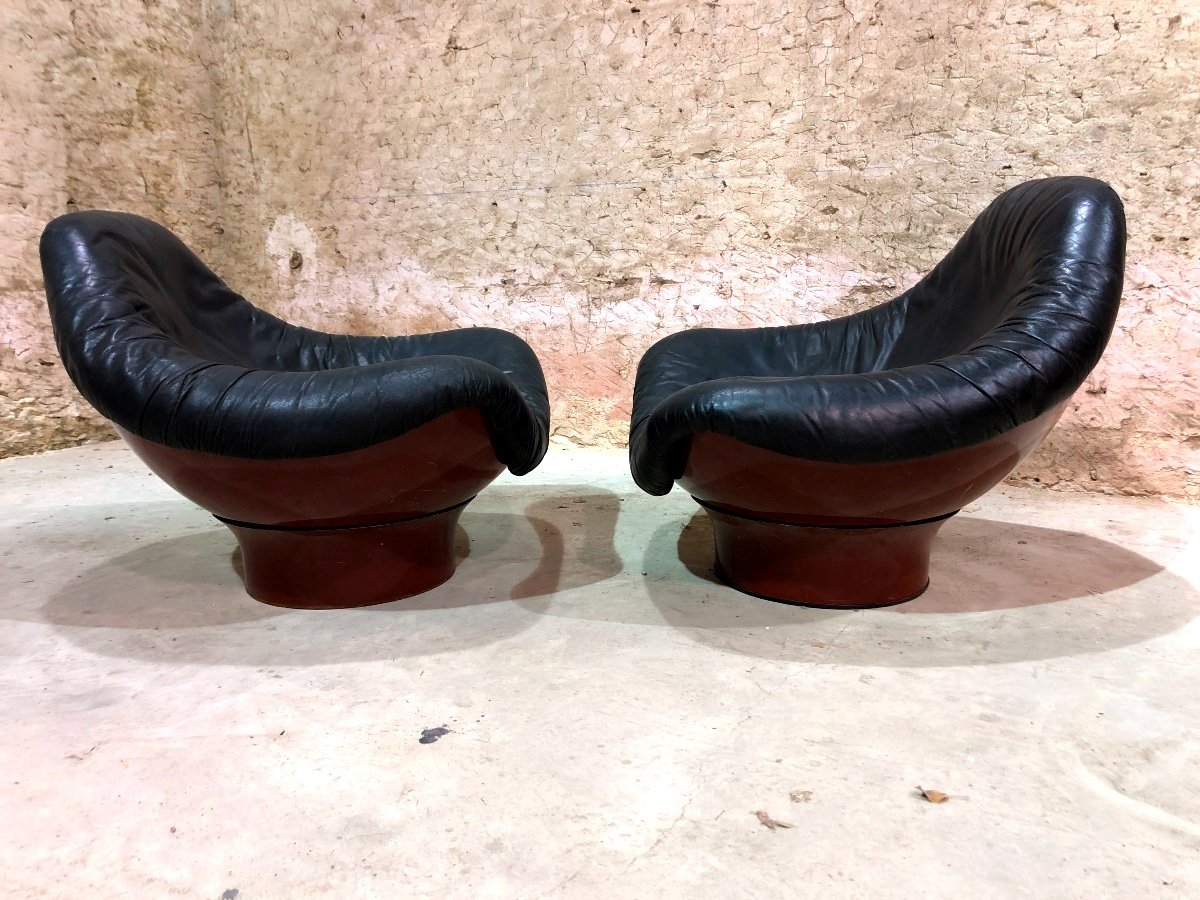 Paire De Gros Fauteuils Italiens En Cuir Et Fibre De Verre-photo-8