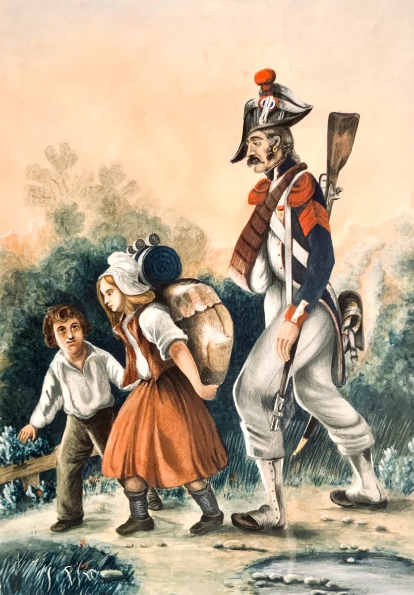 Gouache Representing A Wounded Napoleonic Soldier With 2 Children