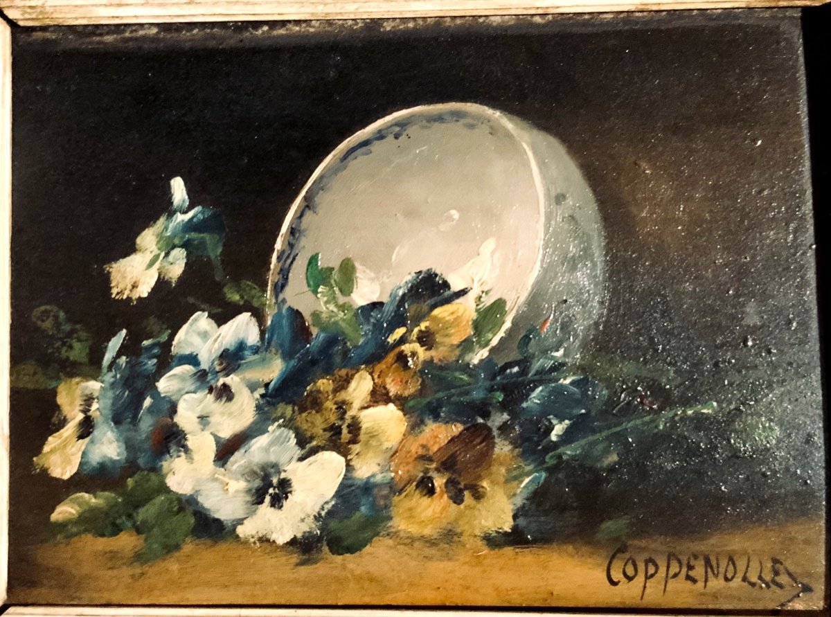 « jeté De Fleurs à La Coupe » Huile Sur Panneau De Pierre Edmond Van Coppenolle