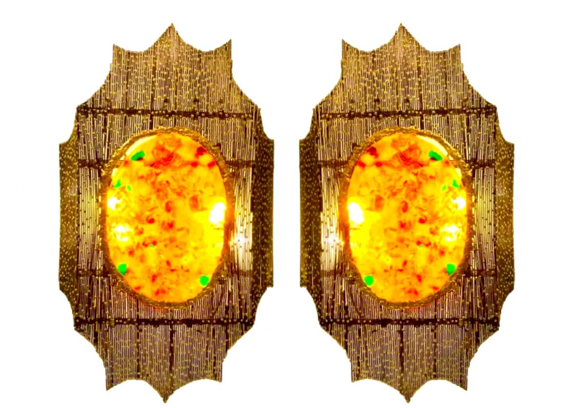 Surprising Pair Of Sconces By Henri Fernandez In Fractal Resin And Brass