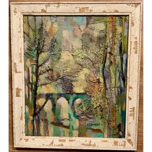 Painting On Cardboard, Forest Landscape At The Bridge