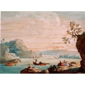 Watercolor Gouache Circa 1800 Representing An Animated Sea Landscape