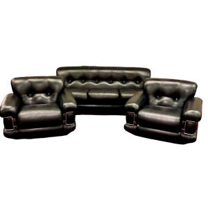 Italian Black And Chrome Living Room, 1 Sofa And 2 Armchairs 1970s