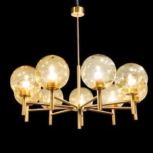 Large Luxus Chandelier With 9 Lights In Golden Brass And Amber Glass Globes, Sweden 1970s/80s