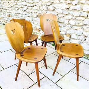 Series Of 4 Scandinavian Chairs 1950/60 By Carl Malmsten In Solid Pine, For Svensk…