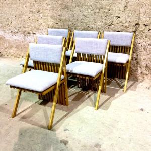 Table And 6 Solid Wood Chairs By Tito Pinori, Millepiedi Model, Italy 1970s